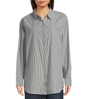 Lucky Brand Stripe Point Collar Long Sleeve Button-Front Oversized Shirt