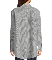 Lucky Brand Stripe Point Collar Long Sleeve Button-Front Oversized Shirt