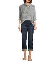 Lucky Brand Stripe Point Collar Long Sleeve Button-Front Oversized Shirt