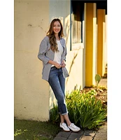 Lucky Brand Stripe Point Collar Long Sleeve Button-Front Oversized Shirt
