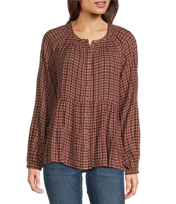 Lucky Brand Tiered Babydoll Henley Neck Long Sleeve Top