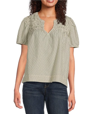 Lucky Brand V-Neck Puff Short Sleeve Soft Cotton Stripe Top