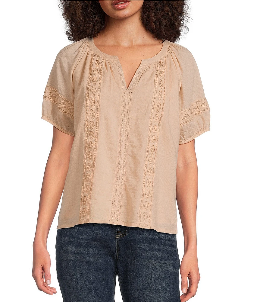 Lucky Brand V-Neck Short Sleeve Lace Peasant Blouse