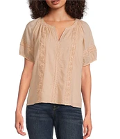 Lucky Brand V-Neck Short Sleeve Lace Peasant Blouse