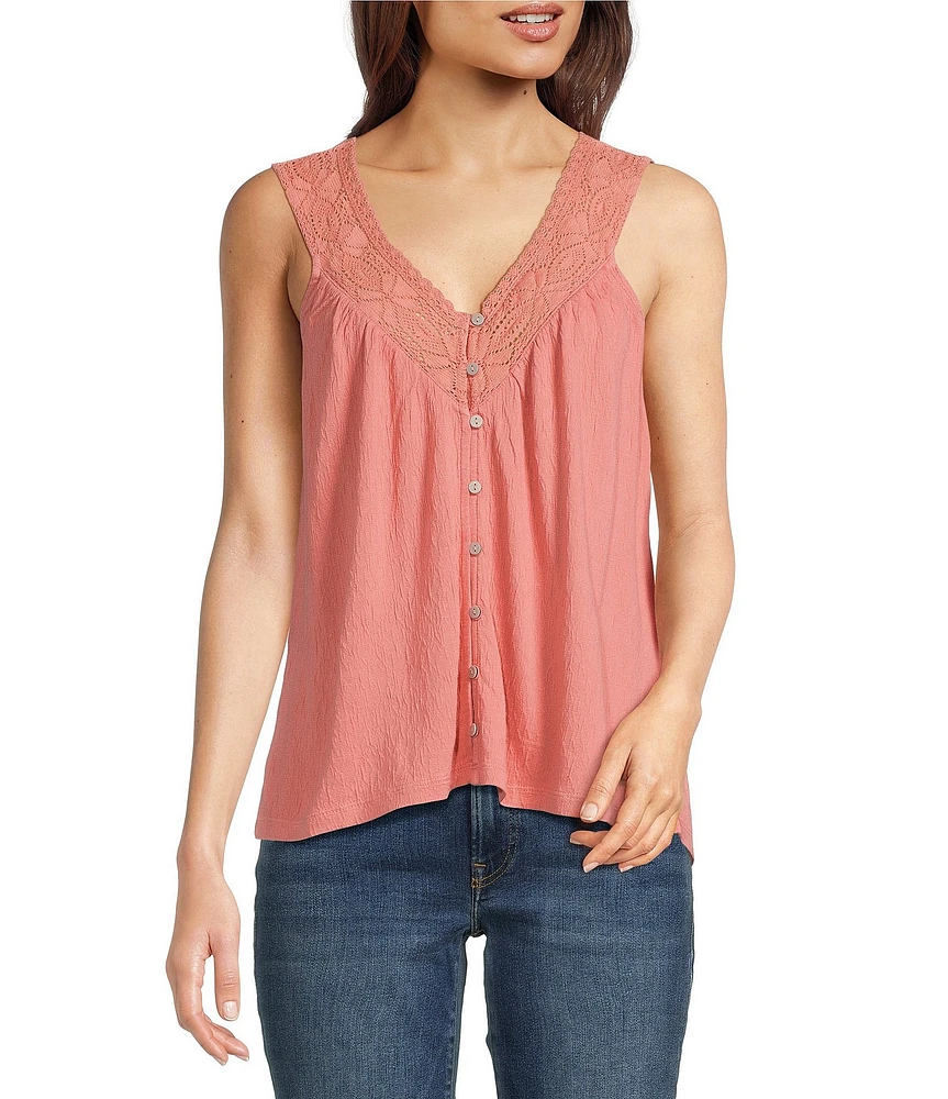 Lucky Brand V-Neck Sleeveless Lace Trim Top