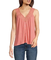 Lucky Brand V-Neck Sleeveless Lace Trim Top