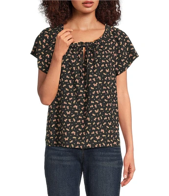 Lucky Brand Woven Floral Print Crew Neck Short Sleeve Top