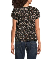 Lucky Brand Woven Floral Print Crew Neck Short Sleeve Top