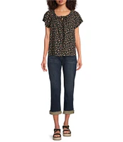 Lucky Brand Woven Floral Print Crew Neck Short Sleeve Top