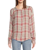 Lucky Brand Woven Plaid Print Henley Neck Long Sleeve Button Front Shirt