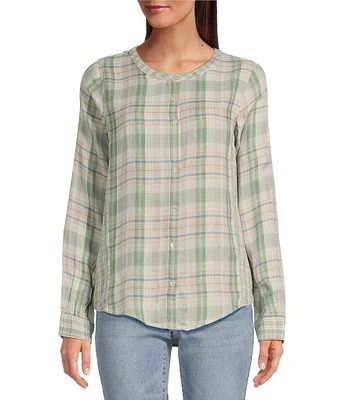 Lucky Brand Woven Plaid Print Henley Neck Long Sleeve Button Front Shirt