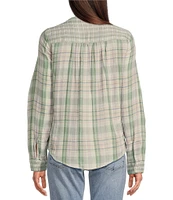 Lucky Brand Woven Plaid Print Henley Neck Long Sleeve Button Front Shirt