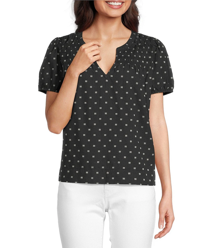 Lucky Brand Woven Polka Dot Split Notch V-Neck Short Puff Sleeve Blouse