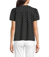 Lucky Brand Woven Polka Dot Split Notch V-Neck Short Puff Sleeve Blouse