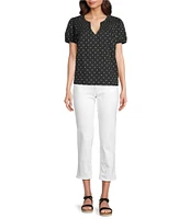 Lucky Brand Woven Polka Dot Split Notch V-Neck Short Puff Sleeve Blouse