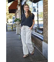 Lucky Brand Woven Polka Dot Split Notch V-Neck Short Puff Sleeve Blouse