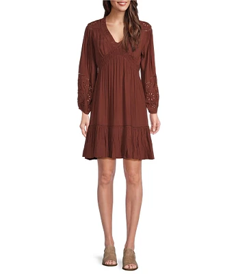 Lucky Brand Woven Smocked V-Neck Long Sleeve Mini A-Line Dress