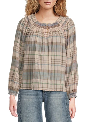 Lucky Brand Woven Stripe Print Round Neck Long Sleeve Button-Front Top