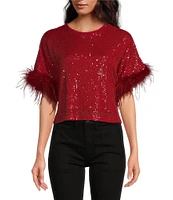 Lucy Paris All Over Sequin Crew Neck Short Sleeve Feather Detail Top