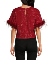 Lucy Paris All Over Sequin Crew Neck Short Sleeve Feather Detail Top