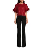 Lucy Paris All Over Sequin Crew Neck Short Sleeve Feather Detail Top