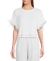 Lucy Paris All Over Sequin Crew Neck Short Sleeve Feather Detail Top