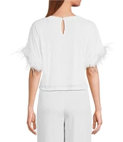 Lucy Paris All Over Sequin Crew Neck Short Sleeve Feather Detail Top