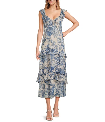 Lucy Paris Cassandra Floral Print Sweetheart Neck Ruffle Tiered Midi Dress