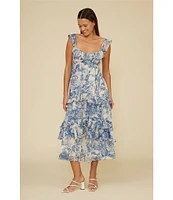 Lucy Paris Cassandra Floral Print Sweetheart Neck Ruffle Tiered Midi Dress