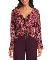 Lucy Paris Chiffon Floral Print V-Neck Long Sleeve Ruffe Front Tie Top