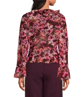 Lucy Paris Chiffon Floral Print V-Neck Long Sleeve Ruffe Front Tie Top