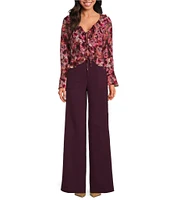 Lucy Paris Chiffon Floral Print V-Neck Long Sleeve Ruffe Front Tie Top