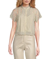 Lucy Paris Dutchess Lace Banded Collar Neck Short Sleeve Button Front Top