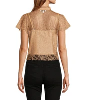 Lucy Paris Dutchess Lace Banded Collar Neck Short Sleeve Button Front Top