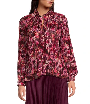 Lucy Paris Feminine Floral Print Split V-Neck Long Sleeve Front Tie Top