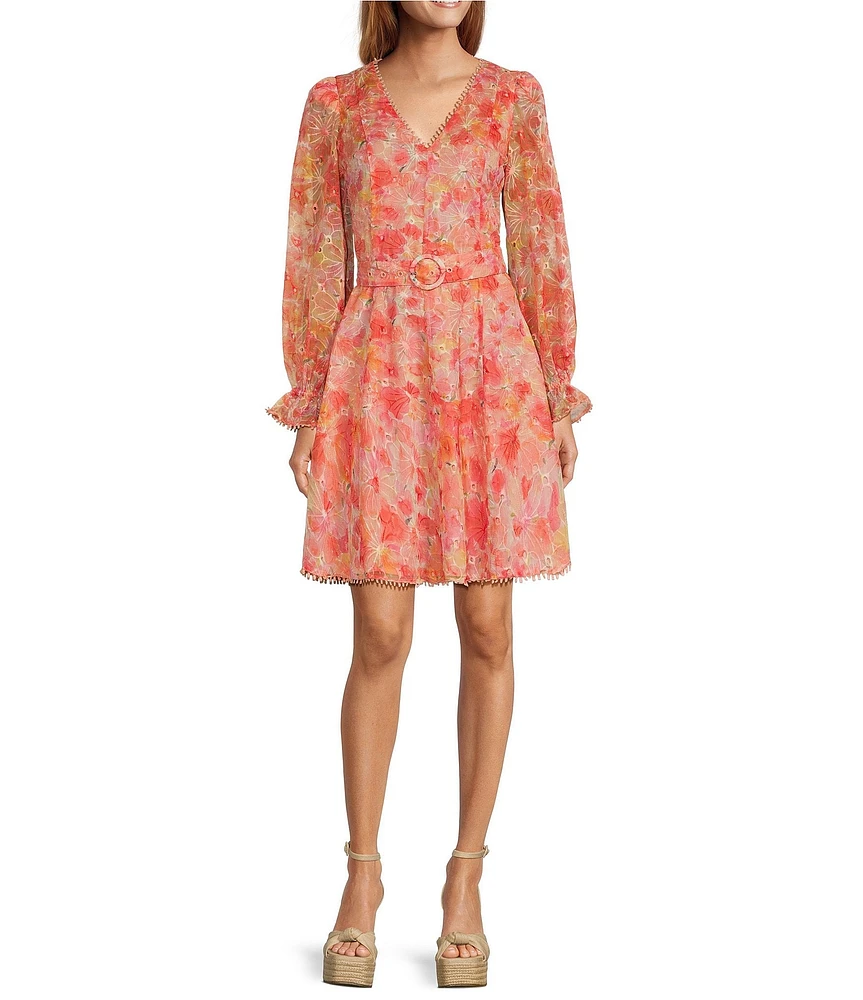 Lucy Paris Haisley Floral Print Eyelet V-Neckline Long Sleeve Dress