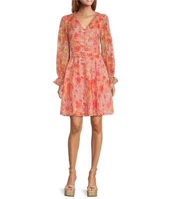 Lucy Paris Haisley Floral Print Eyelet V-Neckline Long Sleeve Dress