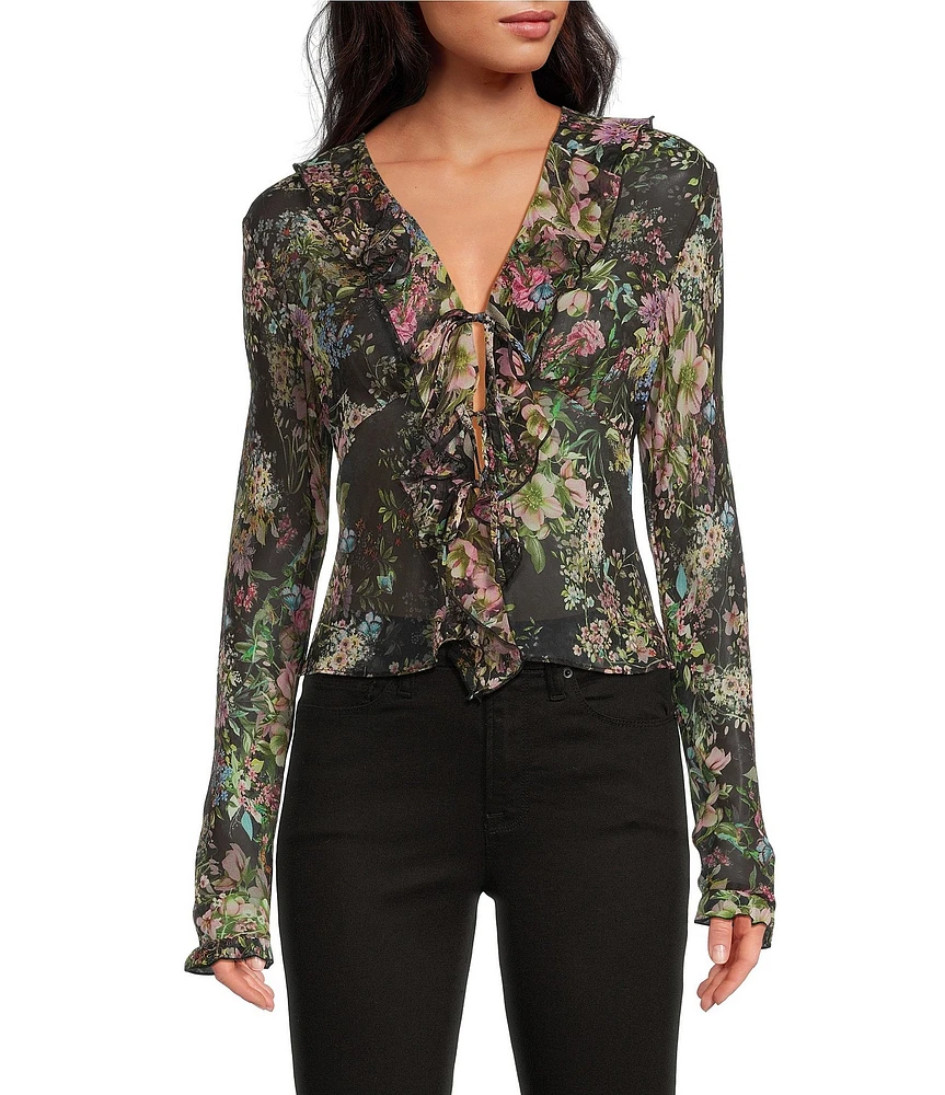 Lucy Paris Knit Niamh Mesh Long Sleeve V-Neck Top