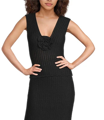 Lucy Paris Nara Crochet Knit 3D Rosette V-Neck Sleeveless Coordinating Crop Tank