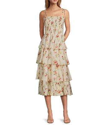 Lucy Paris Olive Floral Square Neck Spaghetti Strap Ruffle Smocked Tiered Midi Dress