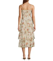 Lucy Paris Olive Floral Square Neck Spaghetti Strap Ruffle Smocked Tiered Midi Dress