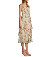 Lucy Paris Olive Floral Square Neck Spaghetti Strap Ruffle Smocked Tiered Midi Dress