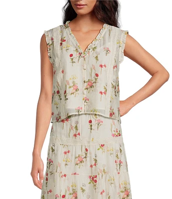 Lucy Paris Olivia Floral Print V-Neck Ruffle Trim Button Front Coordinating Blouse