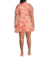 Lucy Paris Plus Azalea Printed V-Neck Short Puff Sleeve Mini Dress