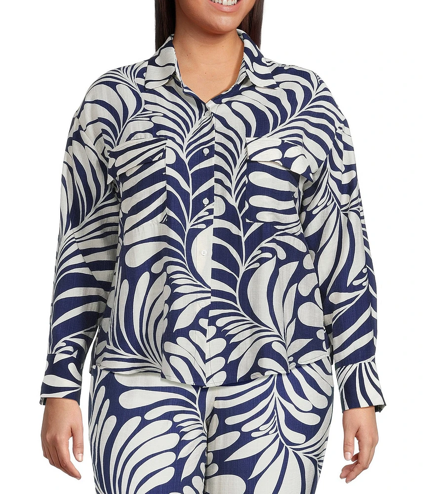 Lucy Paris Plus Carlen Coordinating Printed Long-Sleeve Cargo-Pocket Blouse