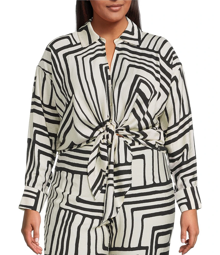 Lucy Paris Plus Rue Button Down Tie Front Printed Coordinating Blouse