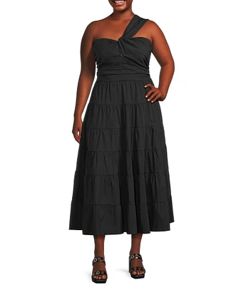 Lucy Paris Plus Size Christy One-Shoulder Long Poplin Dress