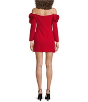 Lucy Paris Rosette Off-The-Shoulder Neck Long Sleeve Button Front Mini Dress