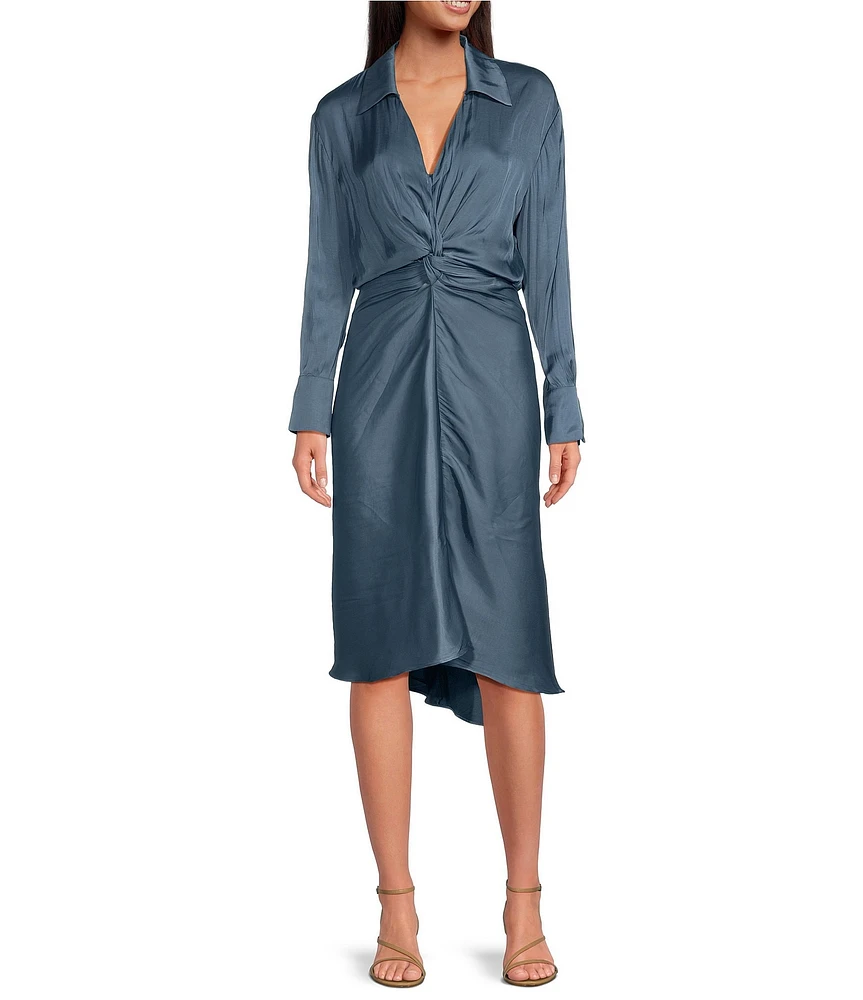 Lucy Paris Ruche Paige V Neck Long Sleeve Twist Front Midi Dress