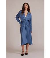 Lucy Paris Ruche Paige V Neck Long Sleeve Twist Front Midi Dress